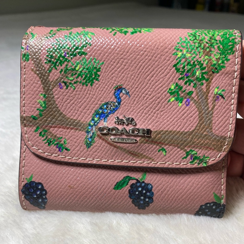 Hand Painted Peacock Pink Leather Coach Wallet